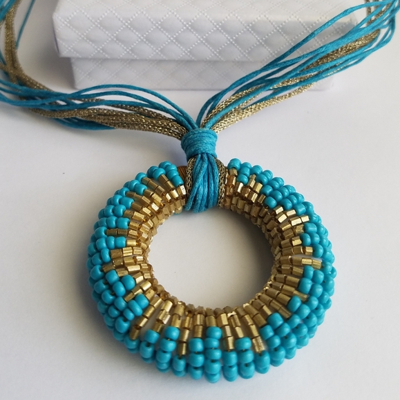 Turquoise Gold Beaded Statement Necklace Handmade NEW